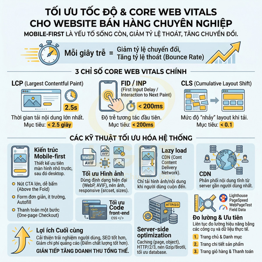 Infographic tối ưu tốc độ và Core Web Vitals cho website bán hàng chuyên nghiệp, tập trung kỹ thuật mobile first và SEO.