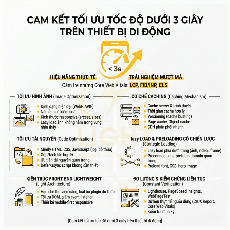 Infographic cam kết tối ưu tốc độ tải trang web dưới 3 giây trên thiết bị di động với các giải pháp kỹ thuật