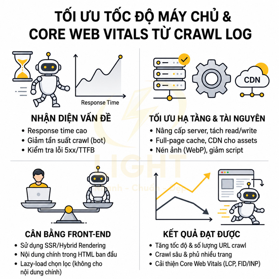 Infographic tối ưu tốc độ máy chủ và Core Web Vitals từ crawl log với robot SEO và biểu đồ minh họa