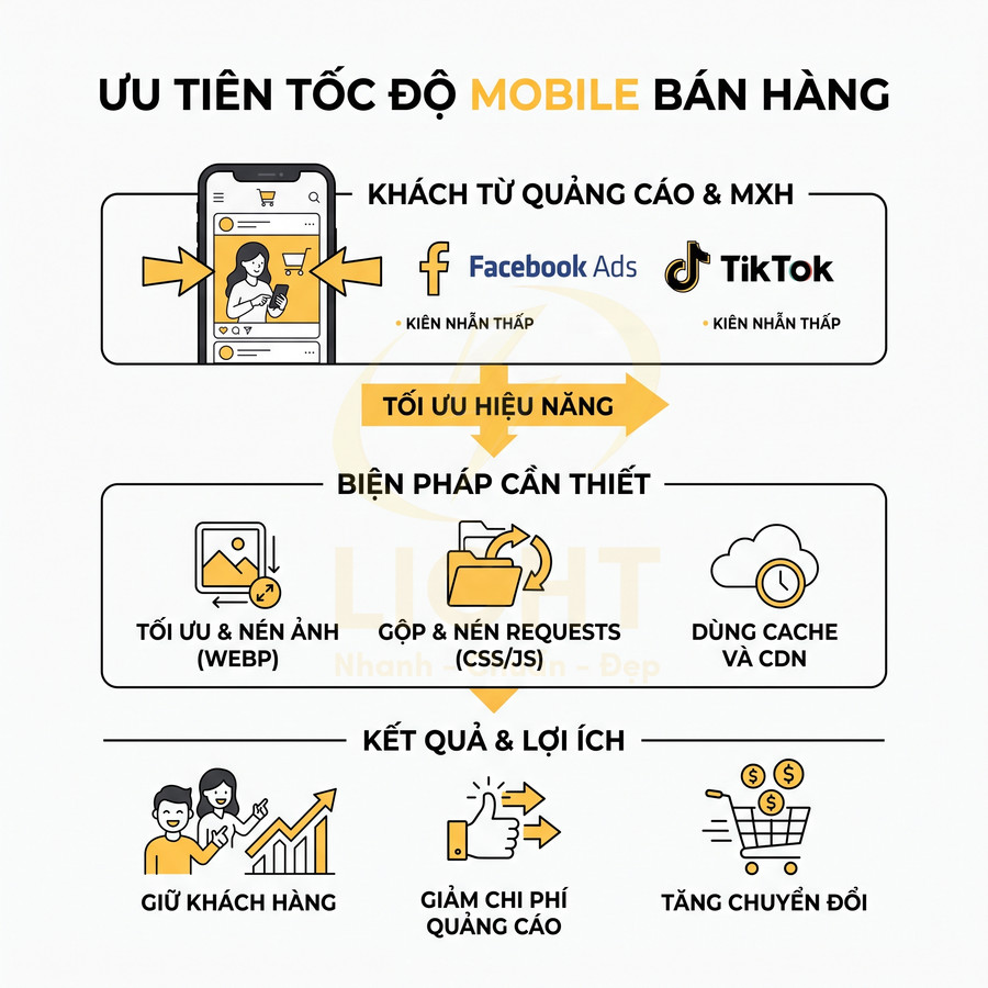 Infographic tối ưu tốc độ website mobile bán hàng từ quảng cáo Facebook TikTok để giữ khách hàng và tăng chuyển đổi
