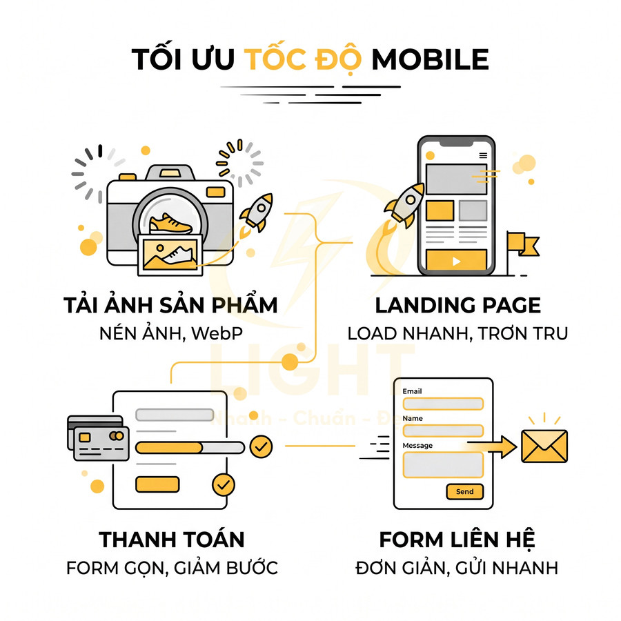 Minh họa tối ưu tốc độ mobile với tải ảnh sản phẩm, landing page, thanh toán và form liên hệ đơn giản