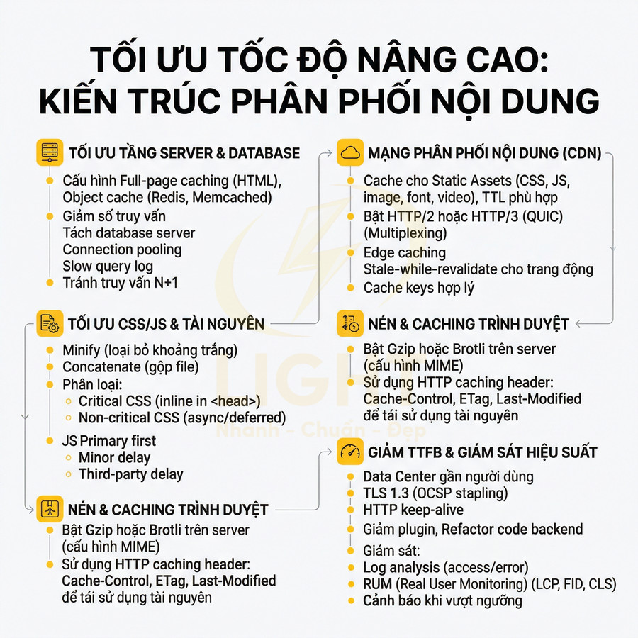 Infographic tối ưu tốc độ website với kiến trúc phân phối nội dung CDN, nén dữ liệu và caching trình duyệt