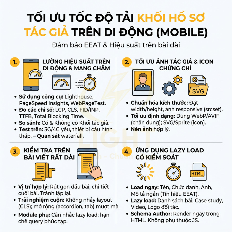 Infographic tối ưu tốc độ tải khối hồ sơ tác giả trên di động với 4 bước và minh họa icon trực quan
