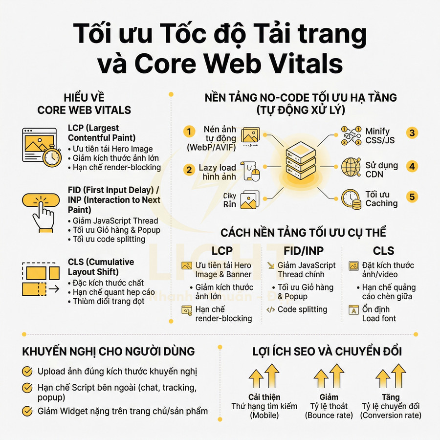 Infographic tối ưu tốc độ tải trang và Core Web Vitals với hướng dẫn cải thiện LCP FID INP CLS và lợi ích SEO