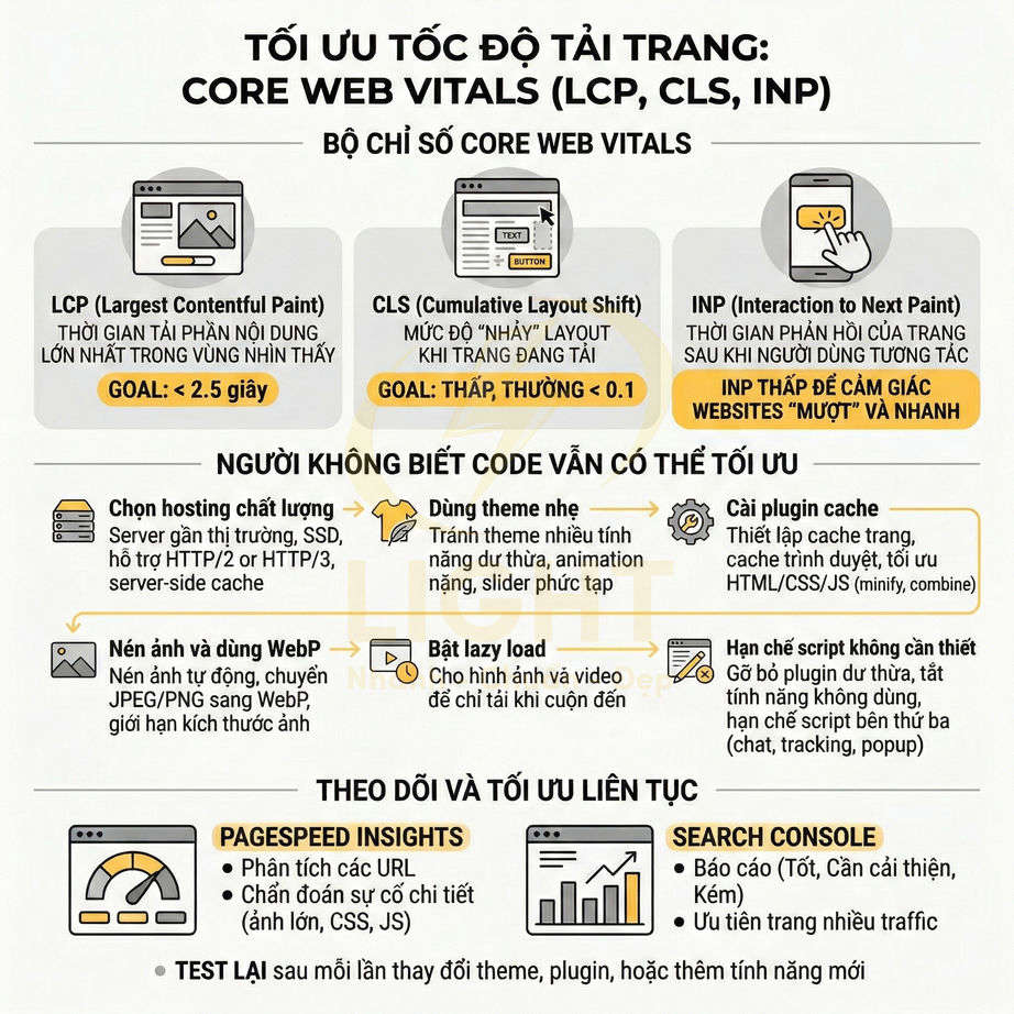 Infographic hướng dẫn tối ưu tốc độ tải trang với các chỉ số Core Web Vitals LCP CLS INP và mẹo cải thiện cho người không biết code