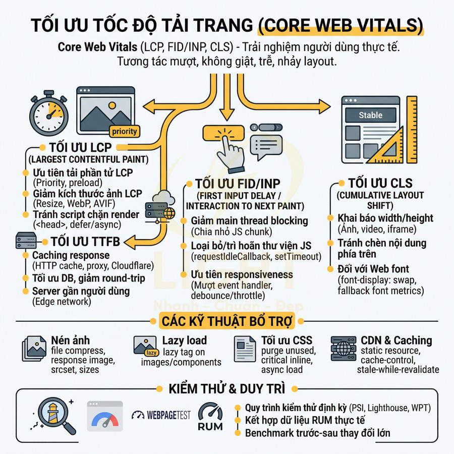 Infographic tối ưu tốc độ tải trang Core Web Vitals với các kỹ thuật LCP FID INP CLS TTFB và hỗ trợ SEO