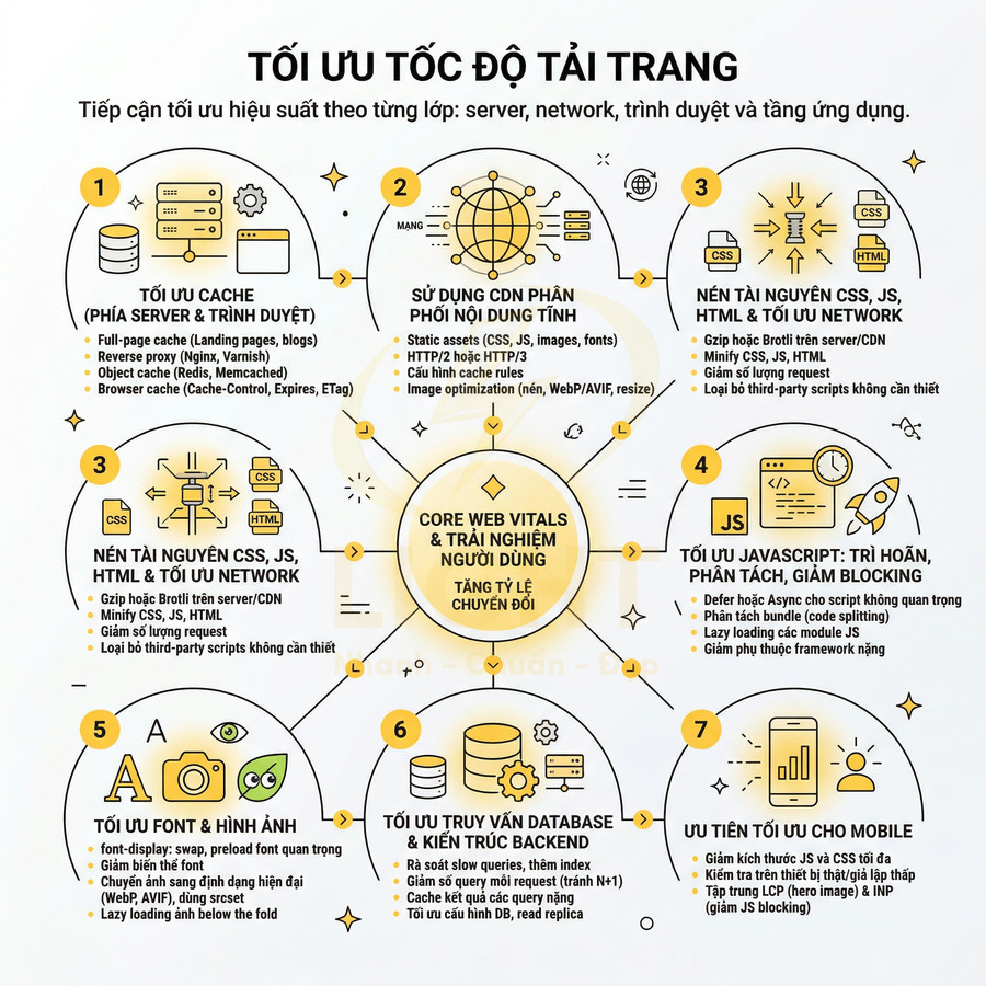 Sơ đồ tối ưu tốc độ tải trang web với 7 bước cải thiện cache, CDN, CSS, JS, hình ảnh, backend và mobile
