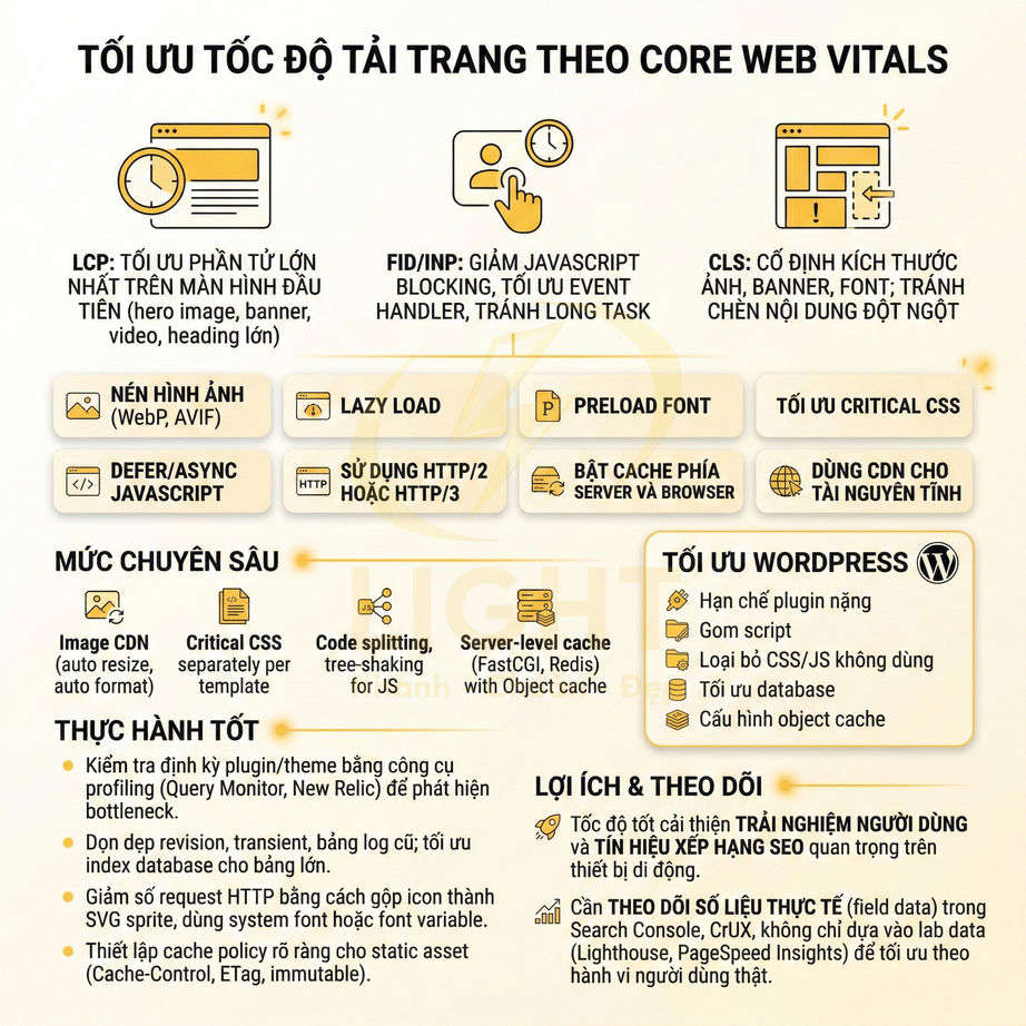 Infographic tối ưu tốc độ tải trang theo Core Web Vitals với các kỹ thuật cải thiện hiệu suất website