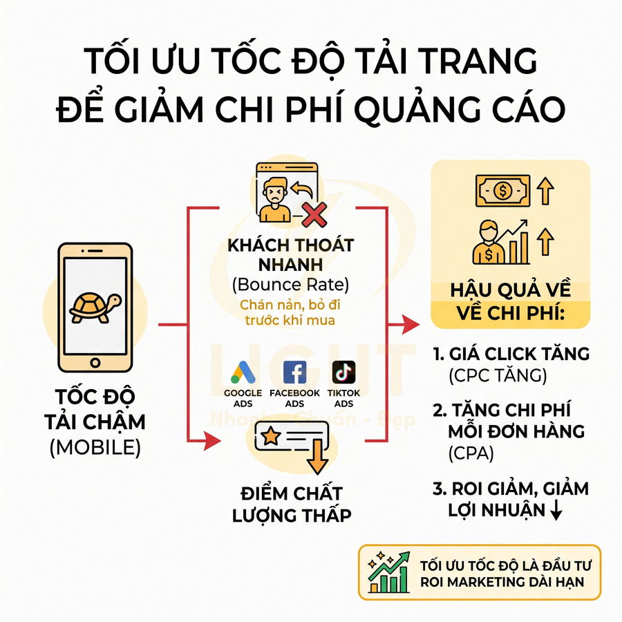 Infographic tối ưu tốc độ tải trang mobile để giảm bounce rate và chi phí quảng cáo Google Facebook TikTok
