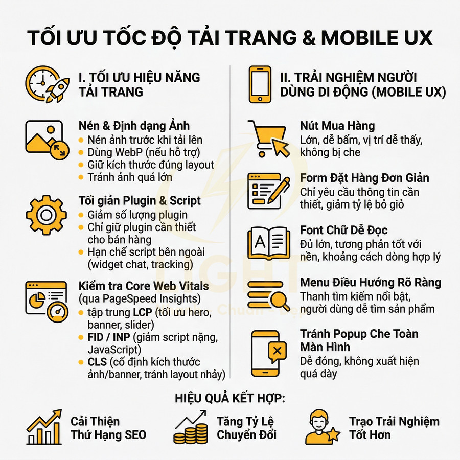 Infographic tối ưu tốc độ tải trang và trải nghiệm mobile UX với các bước nén ảnh, giảm plugin, cải thiện Core Web Vitals
