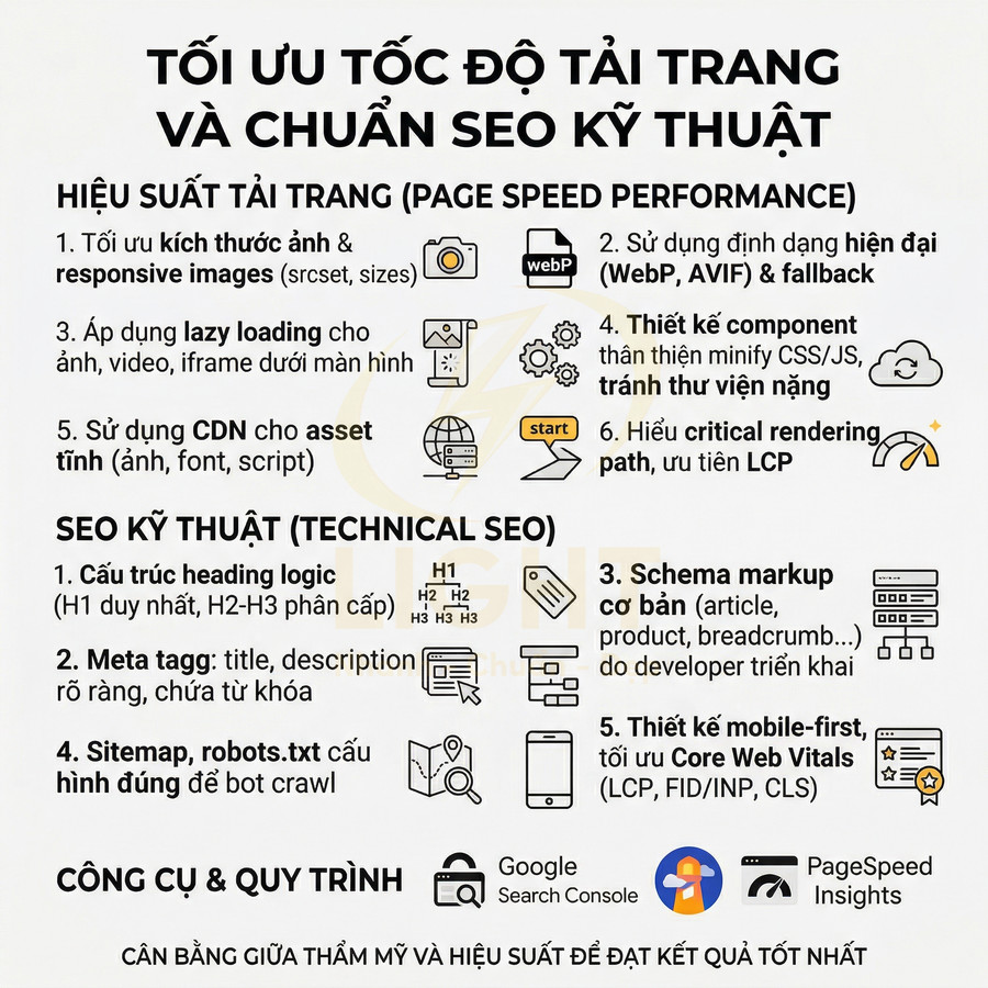 Checklist tối ưu tốc độ tải trang và SEO kỹ thuật với các bước về page speed, technical SEO, công cụ Google Search Console, PageSpeed Insights