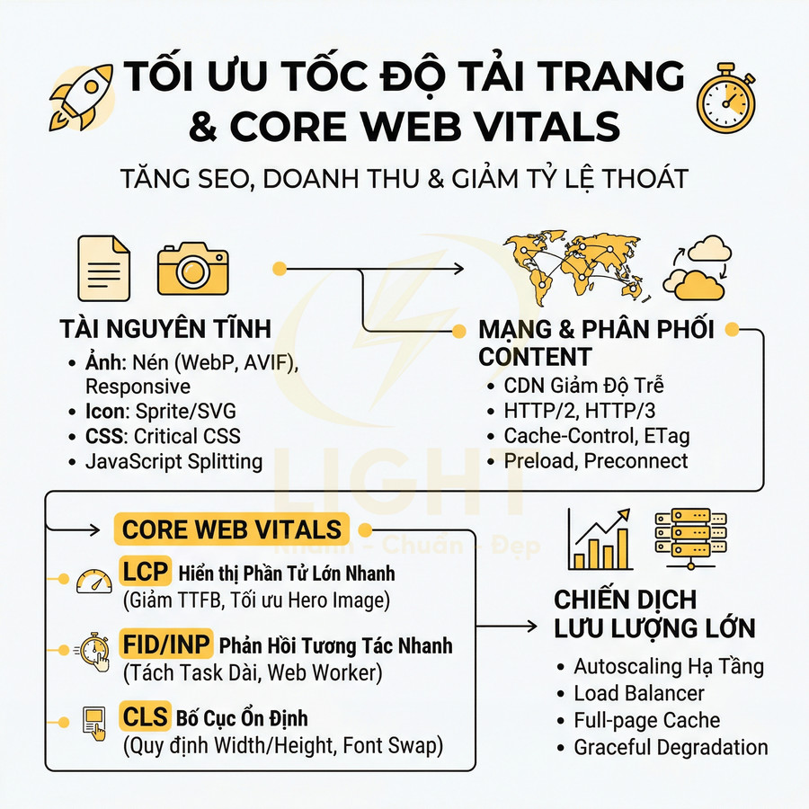 Infographic tối ưu tốc độ tải trang và Core Web Vitals để tăng SEO, doanh thu và giảm tỷ lệ thoát
