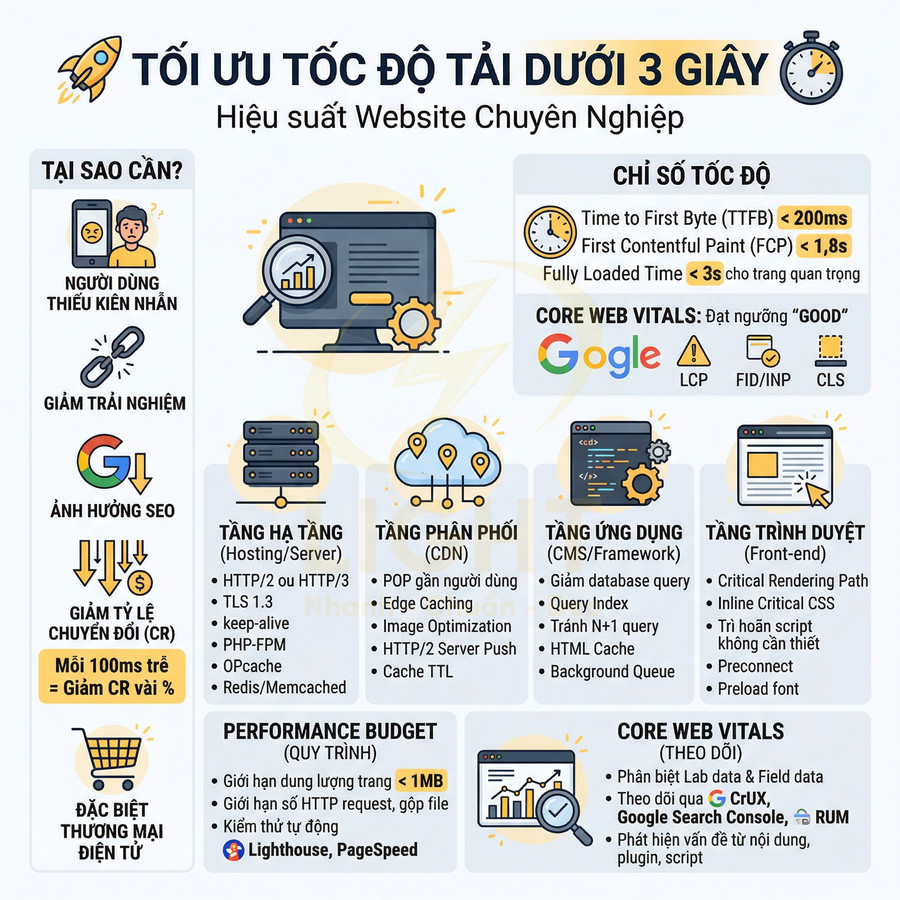 Infographic tối ưu tốc độ tải website dưới 3 giây với các bước cải thiện hạ tầng, CDN, ứng dụng và front end
