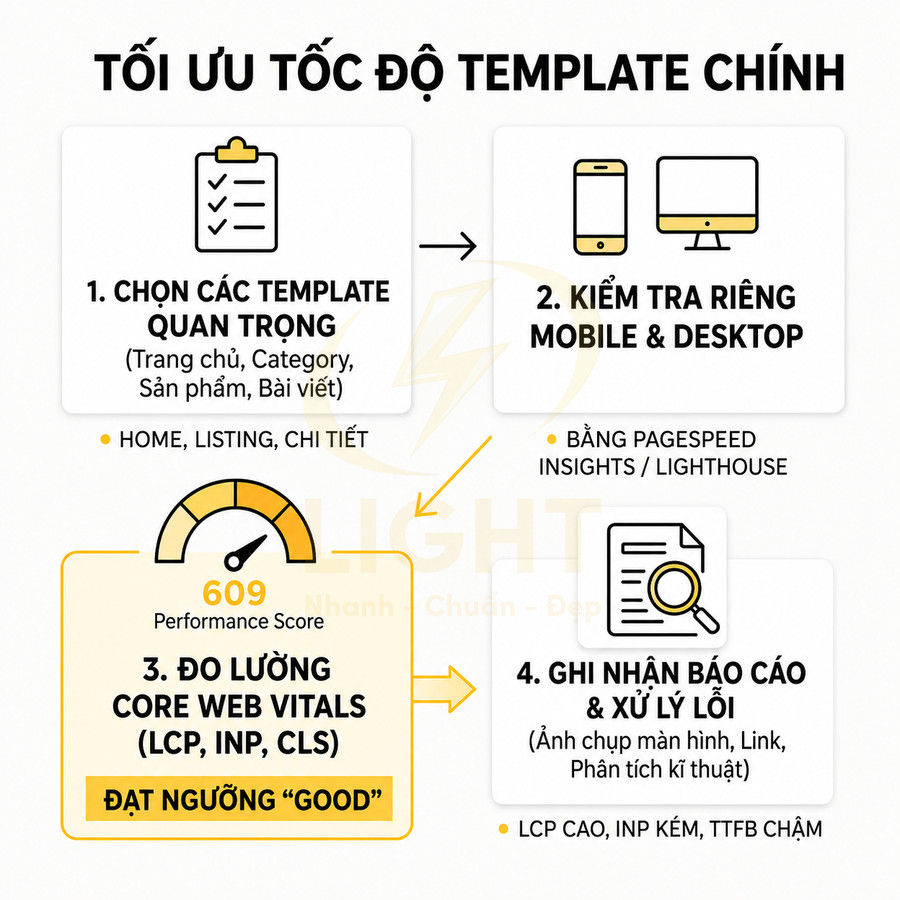 Hướng dẫn tối ưu tốc độ template chính với 4 bước đo Core Web Vitals và xử lý lỗi website
