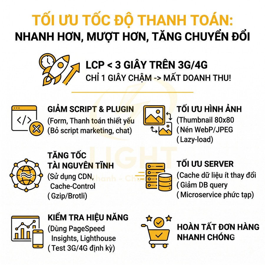 Infographic tối ưu tốc độ thanh toán website với các bước giảm script, tối ưu hình ảnh, server và kiểm tra hiệu năng