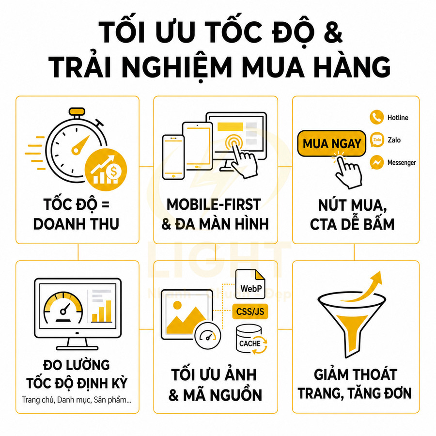 Infographic tối ưu tốc độ website và trải nghiệm mua hàng với mobile first, nút mua dễ bấm, tối ưu ảnh mã nguồn