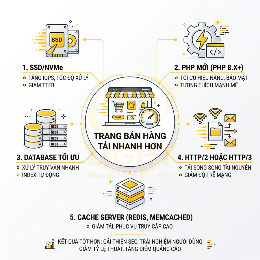 Infographic tối ưu tốc độ tải trang bán hàng với SSD NVMe, PHP 8, database, HTTP2 3 và cache server Redis Memcached