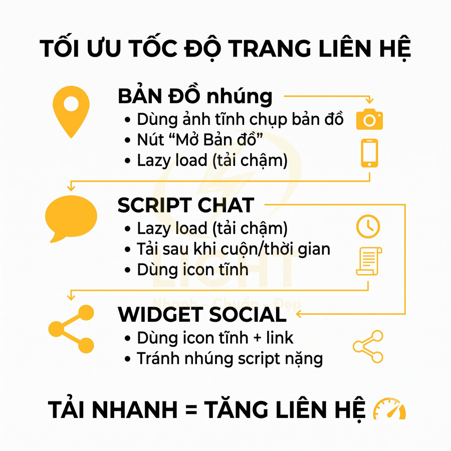 Hướng dẫn tối ưu tốc độ trang liên hệ với bản đồ nhúng, script chat và widget social tải nhanh