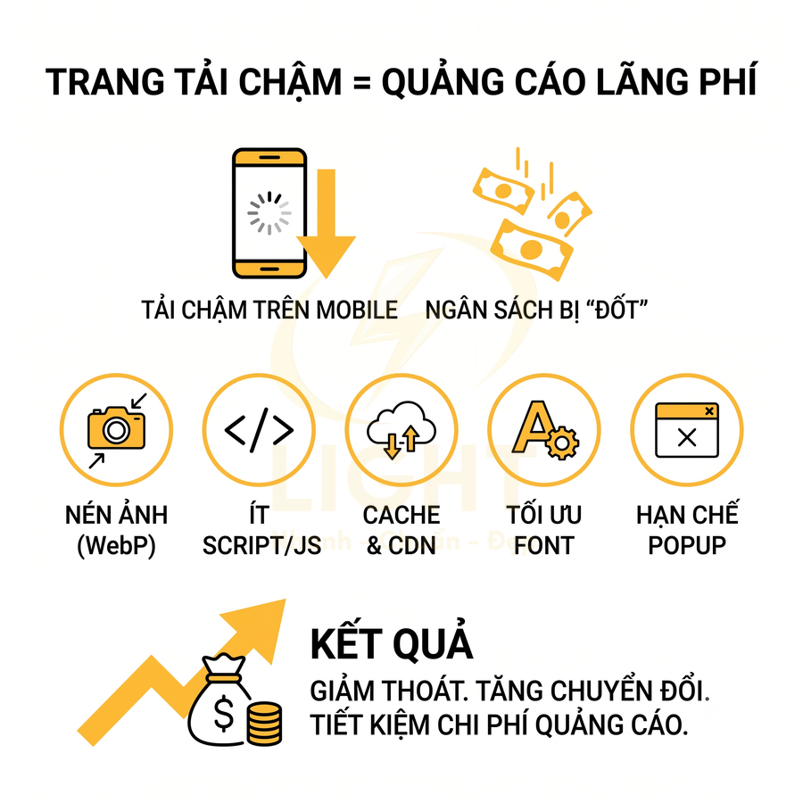 Infographic tối ưu tốc độ website: nén ảnh, giảm script, dùng cache CDN, tối ưu font, hạn chế popup tăng chuyển đổi