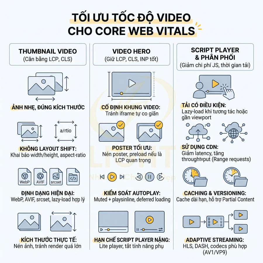 Infographic hướng dẫn tối ưu tốc độ video cho Core Web Vitals với các bước về thumbnail, video hero và script player