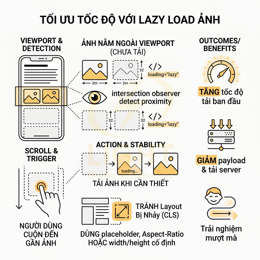 Minh họa cách tối ưu tốc độ website bằng kỹ thuật lazy load ảnh và lợi ích cho trải nghiệm người dùng