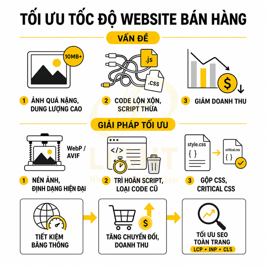 Infographic tối ưu tốc độ website bán hàng với giải pháp nén ảnh, trì hoãn script, gộp CSS tăng chuyển đổi và SEO
