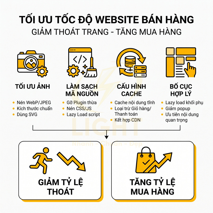 Infographic tối ưu tốc độ website bán hàng với các bước giảm thoát trang và tăng tỷ lệ mua hàng