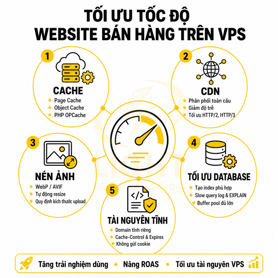 Infographic tối ưu tốc độ website bán hàng trên VPS với cache, CDN, nén ảnh, tối ưu database và tài nguyên tĩnh