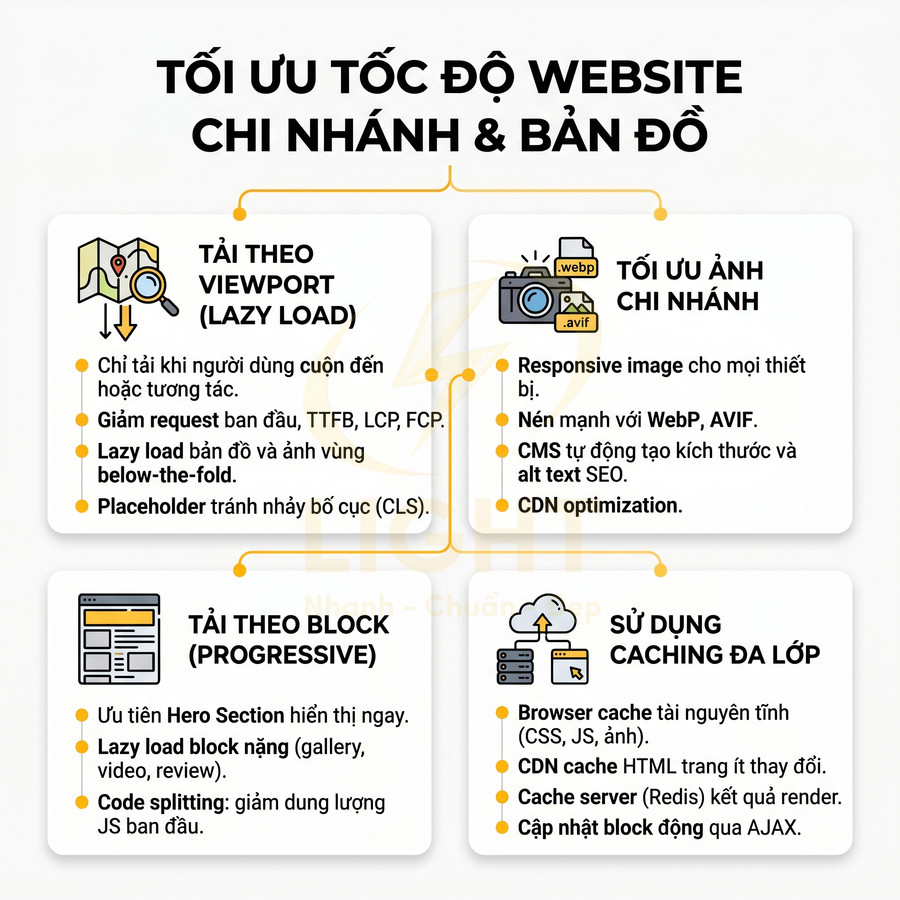 Infographic tối ưu tốc độ website chi nhánh và bản đồ với các kỹ thuật lazy load, tối ưu ảnh, progressive load và caching đa lớp