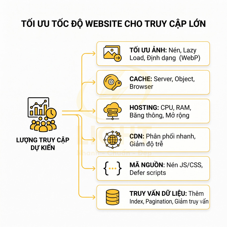 Infographic tối ưu tốc độ website cho lượng truy cập lớn với các bước tối ưu ảnh cache hosting CDN mã nguồn và truy vấn dữ liệu