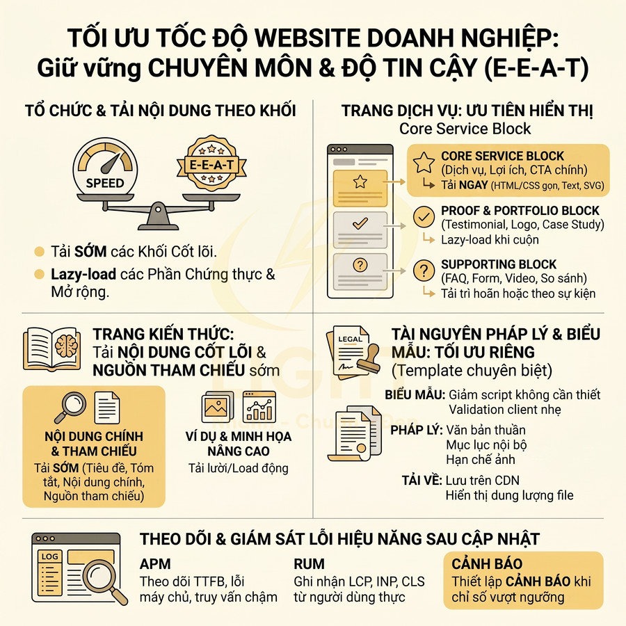 Infographic tối ưu tốc độ website doanh nghiệp, hướng dẫn tải nội dung cốt lõi, lazy load và giám sát hiệu năng E-E-A-T