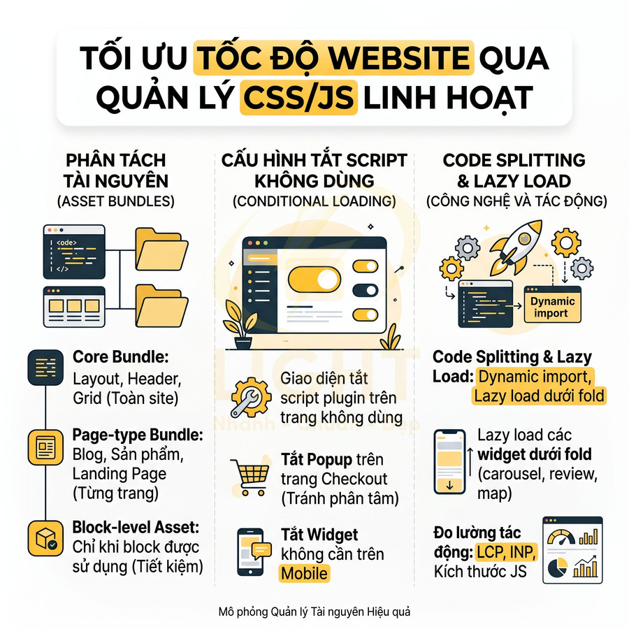 Hướng dẫn tối ưu tốc độ website bằng quản lý CSS và JS linh hoạt, phân tách tài nguyên và áp dụng code splitting, lazy load