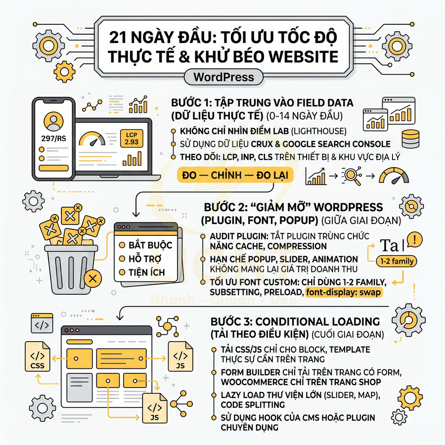 Infographic tối ưu tốc độ và giảm tải website WordPress trong 21 ngày với ba bước chi tiết