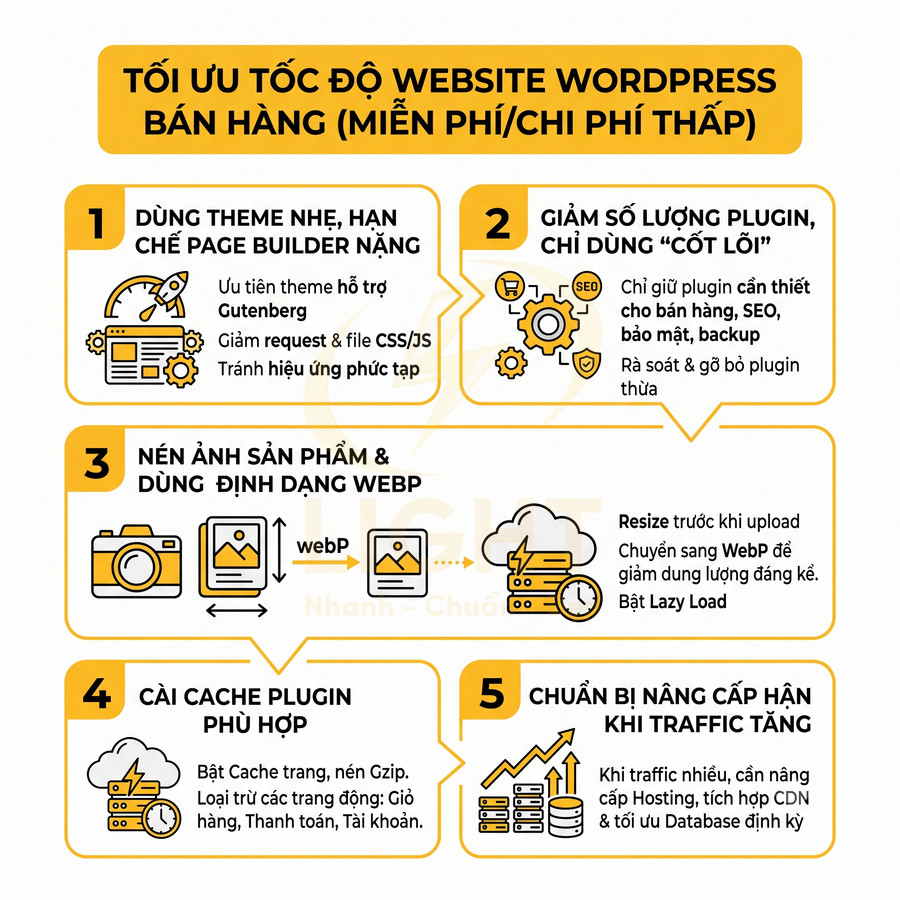 Infographic hướng dẫn tối ưu tốc độ website WordPress bán hàng với 5 bước cải thiện hiệu suất
