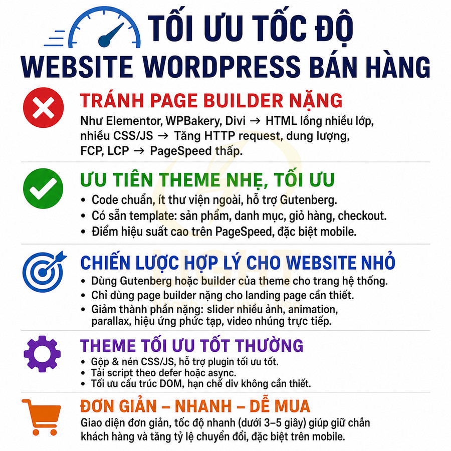 Hướng dẫn tối ưu tốc độ website WordPress bán hàng với theme nhẹ, hạn chế page builder nặng