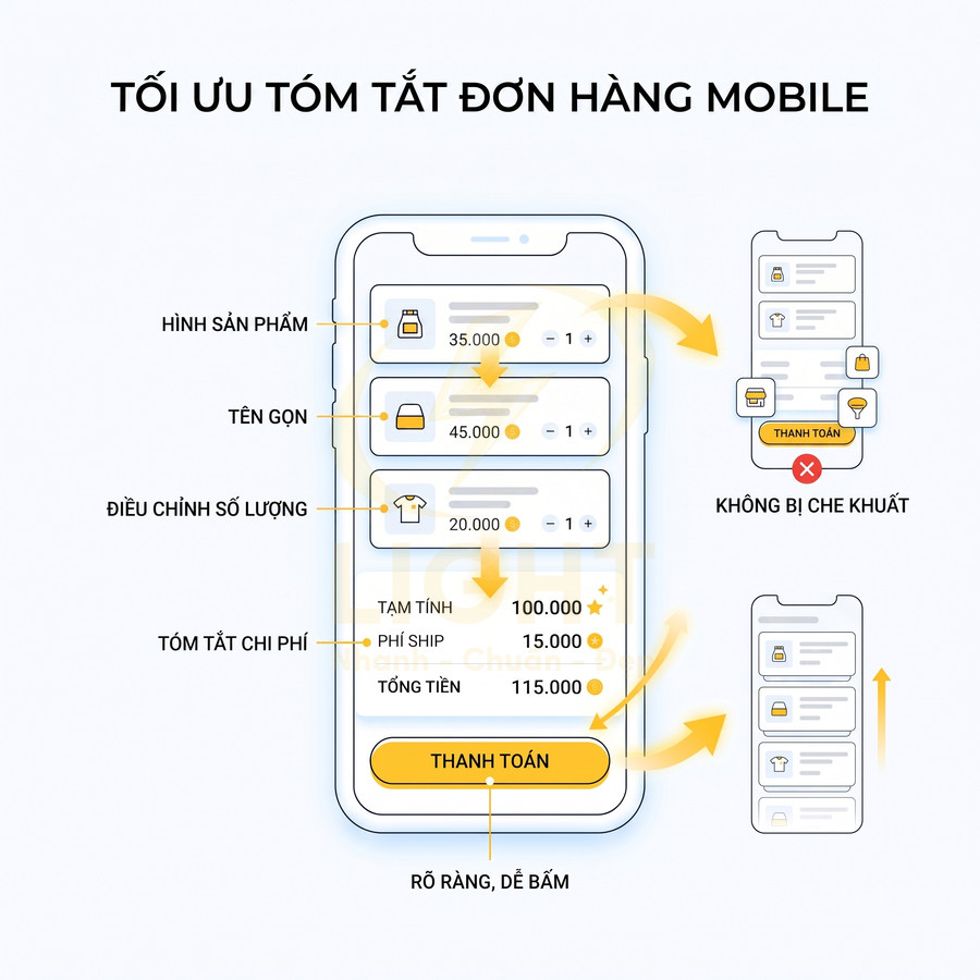 Giao diện tóm tắt đơn hàng trên ứng dụng mua sắm mobile với nút thanh toán nổi bật
