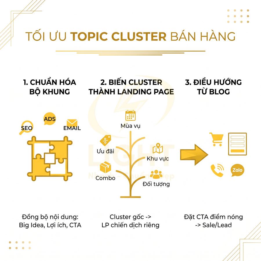 Hướng dẫn tối ưu topic cluster bán hàng với chuẩn hóa nội dung, tạo landing page và điều hướng CTA từ blog