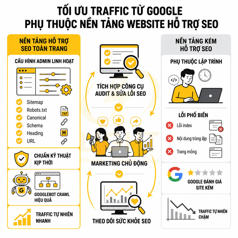 Infographic tối ưu traffic Google so sánh nền tảng website hỗ trợ SEO và nền tảng kém hỗ trợ SEO