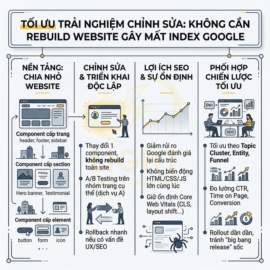 Infographic tối ưu chỉnh sửa website không cần rebuild, giữ index Google và cải thiện SEO, UX, Core Web Vitals