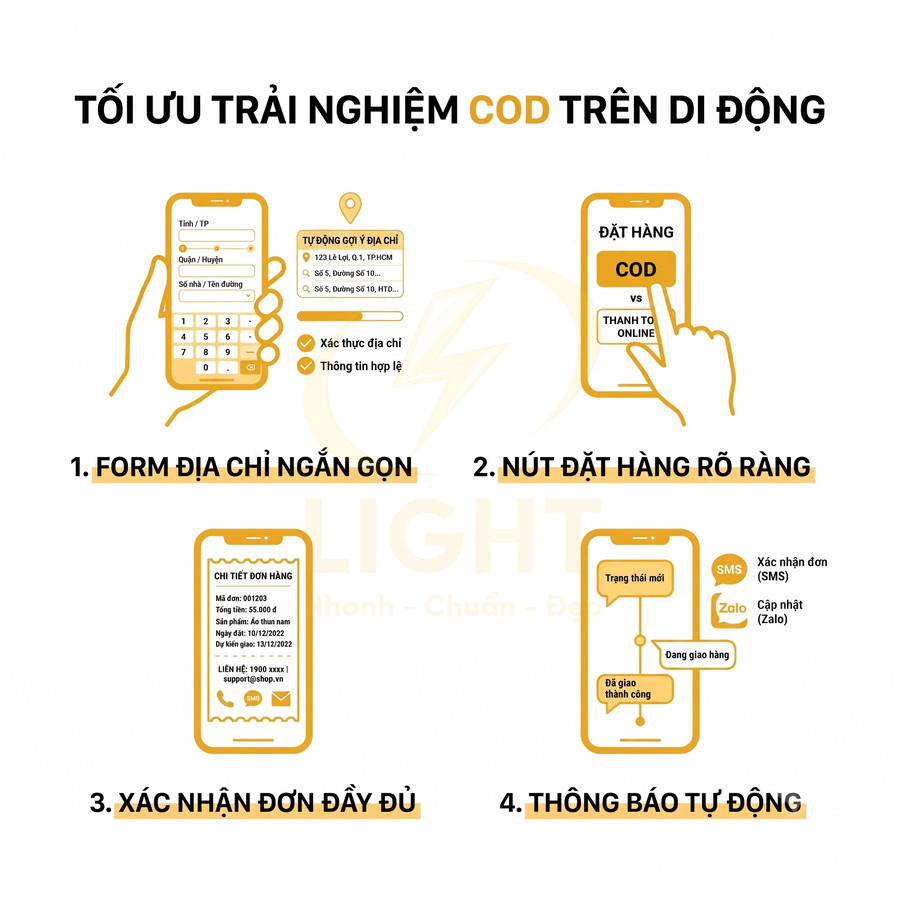 Hướng dẫn tối ưu trải nghiệm COD trên di động với form địa chỉ, nút đặt hàng, xác nhận đơn và thông báo tự động