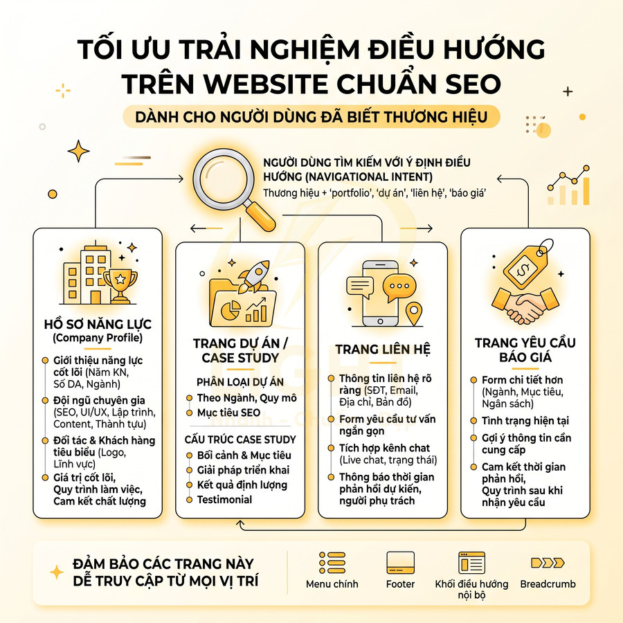 Infographic tối ưu trải nghiệm điều hướng trên website chuẩn SEO với các trang hồ sơ năng lực, dự án, liên hệ và yêu cầu báo giá