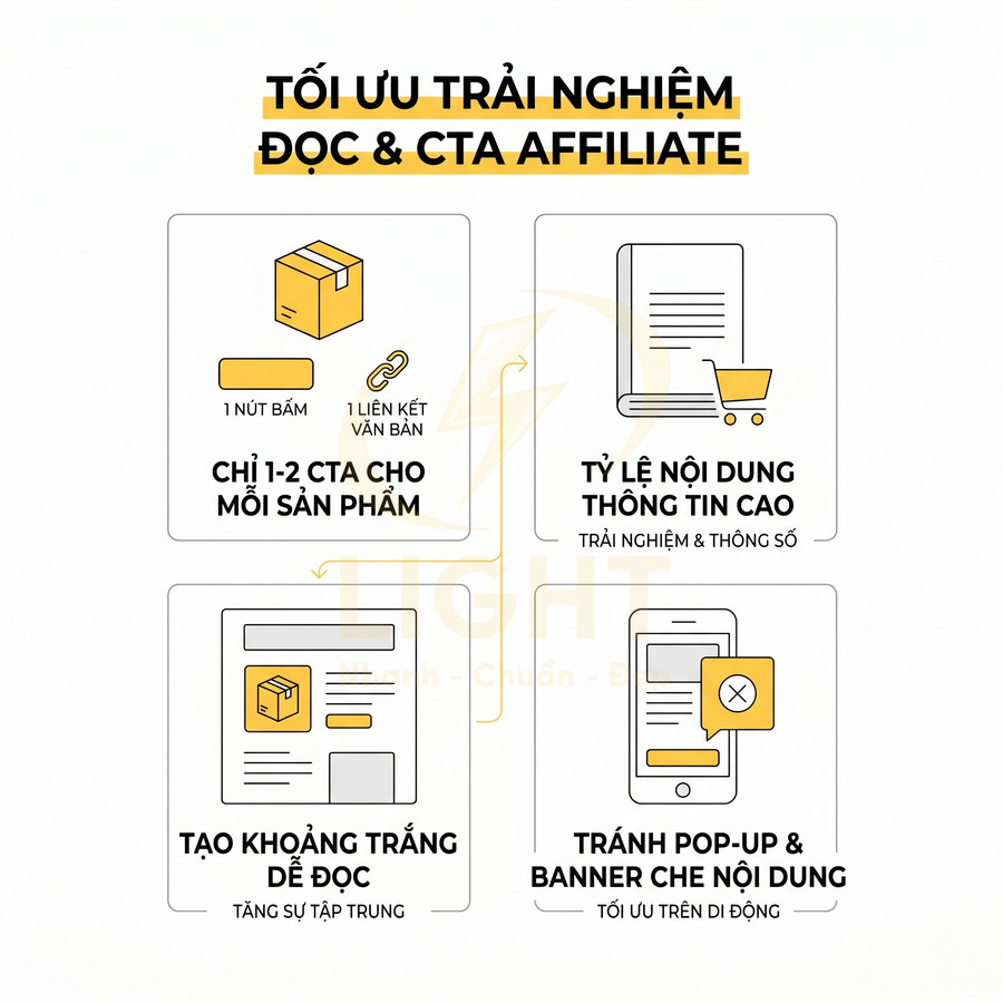 Hướng dẫn tối ưu trải nghiệm đọc và CTA affiliate với bố cục nội dung, khoảng trắng và hạn chế pop up trên website