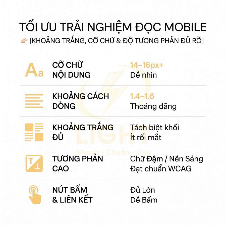 Hướng dẫn tối ưu trải nghiệm đọc mobile với cỡ chữ, khoảng cách dòng, khoảng trắng, tương phản và nút bấm dễ thao tác