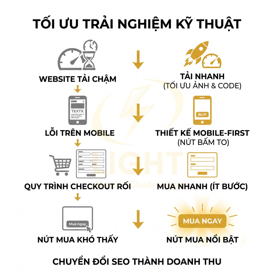 Mô hình tối ưu trải nghiệm kỹ thuật website để tăng tốc độ tải, cải thiện mobile, đơn giản hóa checkout và làm nổi bật nút mua ngay