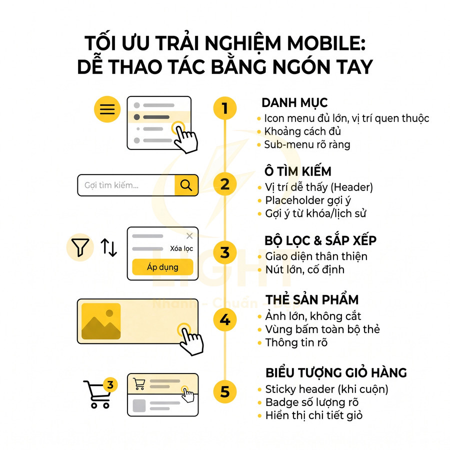 Infographic tối ưu trải nghiệm mobile với danh mục, ô tìm kiếm, bộ lọc, thẻ sản phẩm và biểu tượng giỏ hàng dễ thao tác