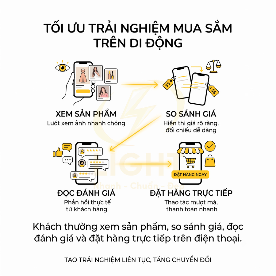 Quy trình mua sắm trên điện thoại: xem sản phẩm, so sánh giá, đọc đánh giá và đặt hàng trực tiếp