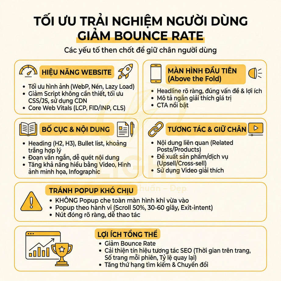 Infographic tối ưu trải nghiệm người dùng để giảm bounce rate với các yếu tố hiệu năng, nội dung, tương tác và tránh popup