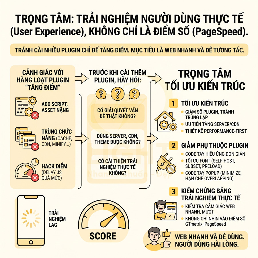 Infographic tối ưu PageSpeed tập trung trải nghiệm người dùng, cảnh báo lạm dụng plugin và hướng dẫn tối ưu kiến trúc web