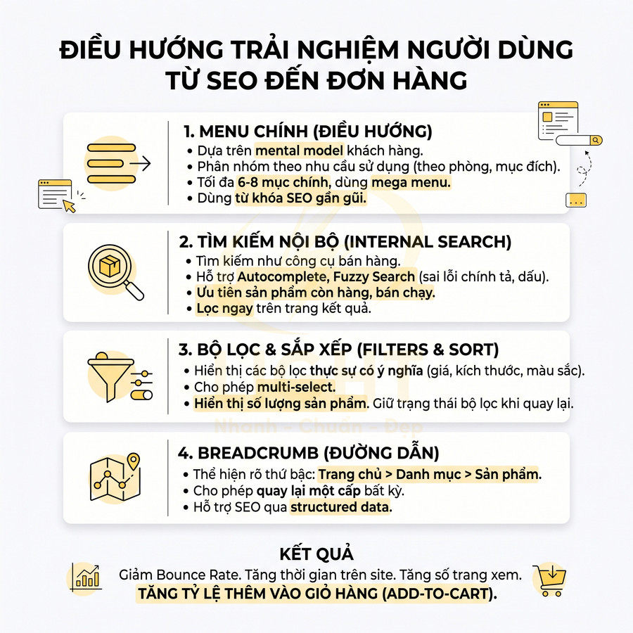 Hướng dẫn tối ưu trải nghiệm người dùng từ SEO đến đơn hàng với menu, tìm kiếm nội bộ, bộ lọc và breadcrumb