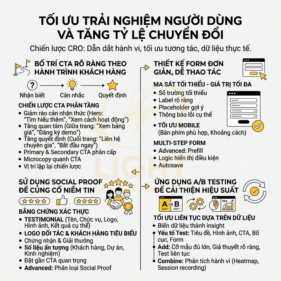 Infographic tối ưu trải nghiệm người dùng và tăng tỷ lệ chuyển đổi với CTA, social proof, form đơn giản, A/B testing